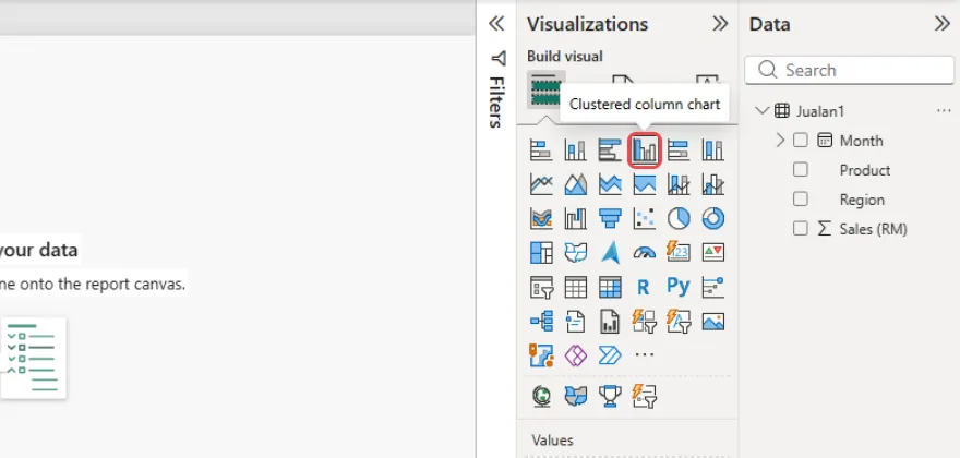 Visualizations pane with the Clustered column chart icon highlighted and its name shown