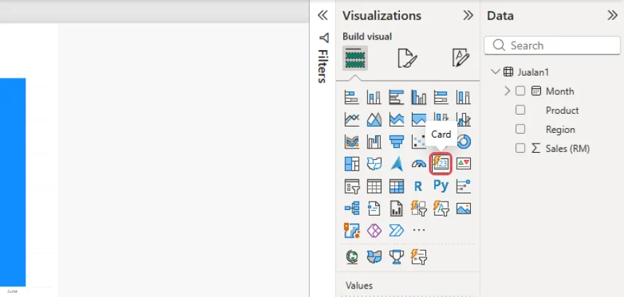 Visualizations pane with the Card icon highlighted and its name shown