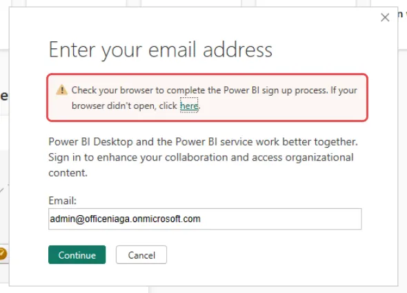 Power BI Desktop sign-in box with the message Check your browser to complete the Power BI sign up process highlighted