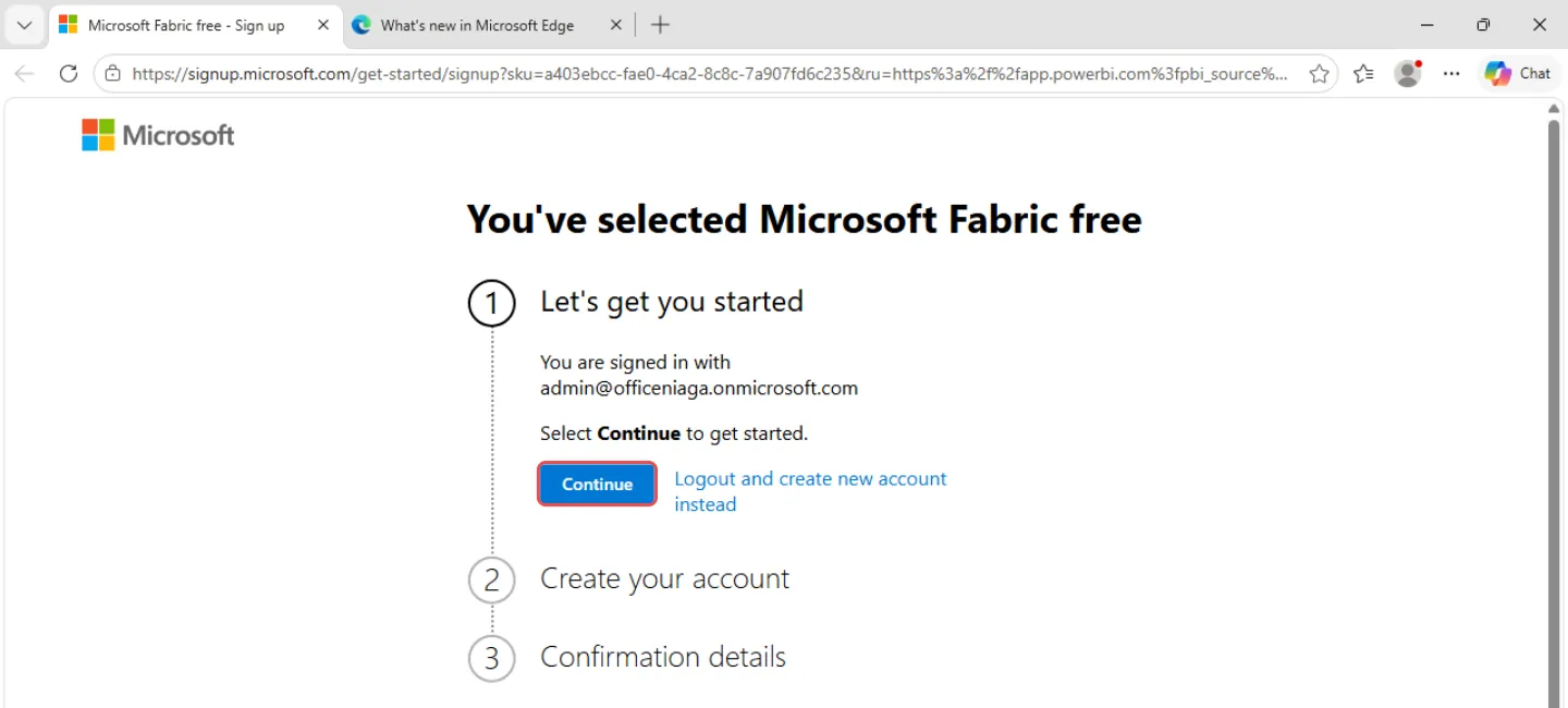 Microsoft Fabric free sign-up page showing the signed-in work account and the Continue button highlighted