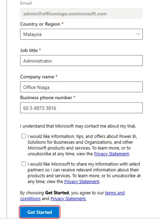 Create your account form with Malaysia, a job title, company name and phone number filled in, both marketing boxes unticked and Get Started highlighted
