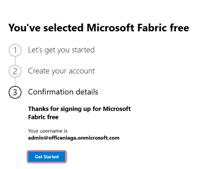 Confirmation details step saying Thanks for signing up for Microsoft Fabric free, with Get Started highlighted
