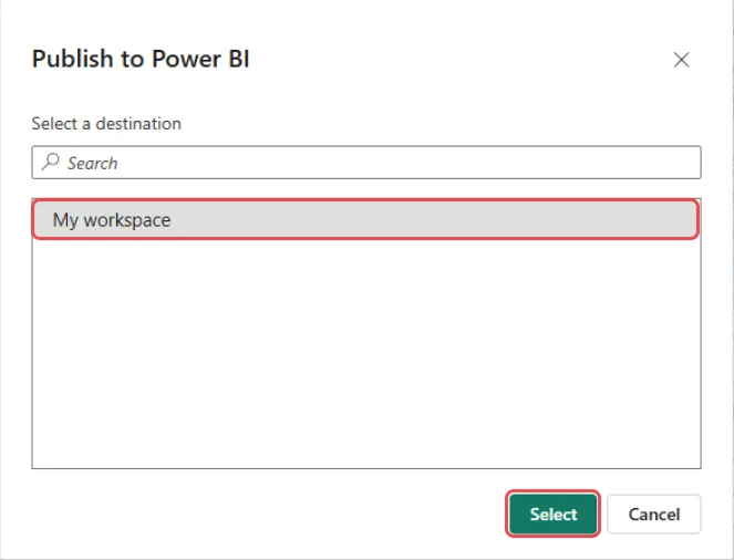 Publish to Power BI box with My workspace selected and the Select button highlighted