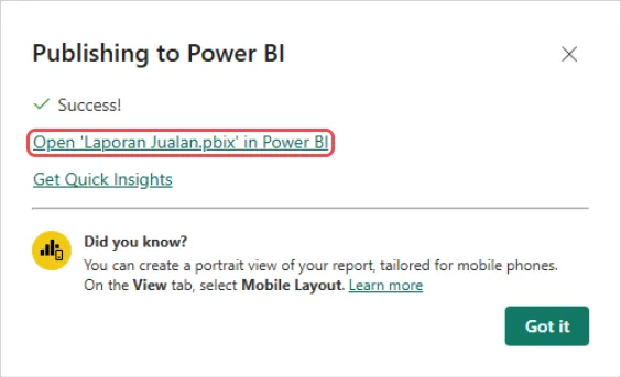 Publishing to Power BI box showing Success! with the Open Laporan Jualan.pbix in Power BI link highlighted