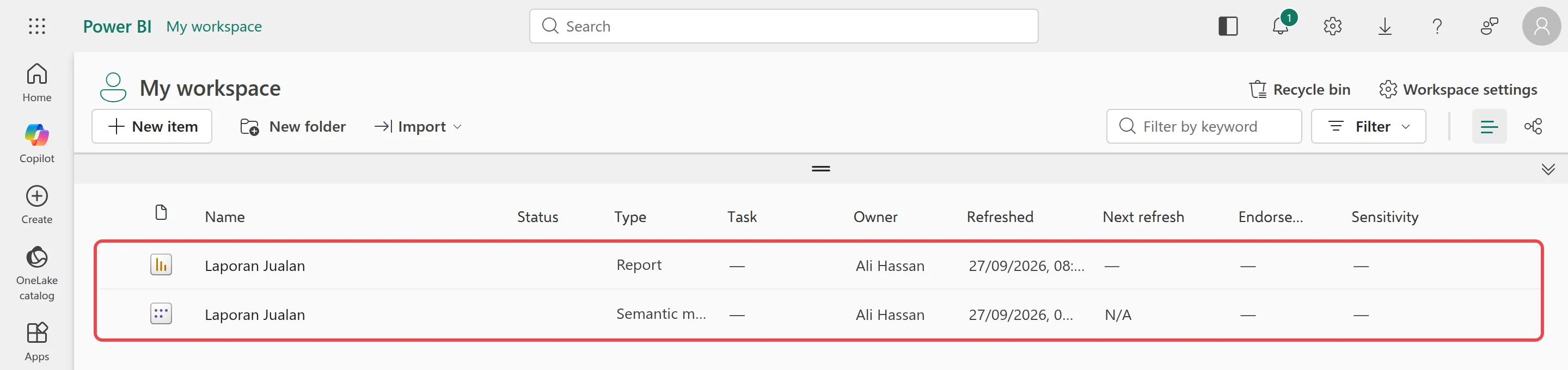 My workspace listing Laporan Jualan twice, as a Report and as a Semantic model, both highlighted