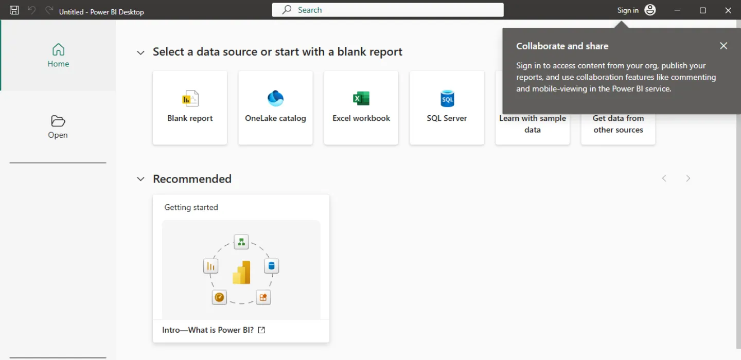 Power BI Desktop start screen with Excel workbook, Blank report and the Sign in button