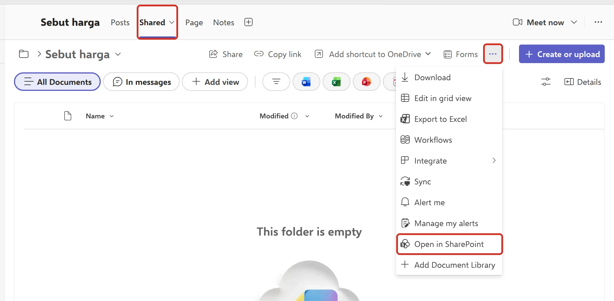 Teams里频道的Shared标签页，已标示更多选项按钮和Open in SharePoint
