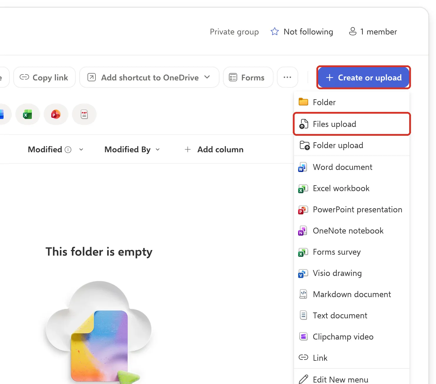 Create or upload菜单，Files upload已标示