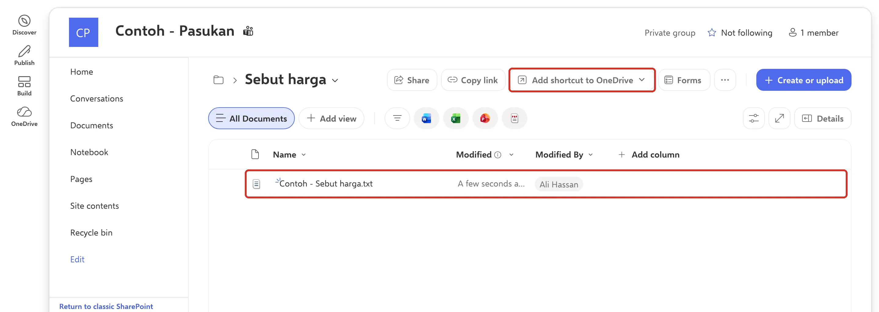 频道文件夹里已上传的文件，已标示文件和Add shortcut to OneDrive