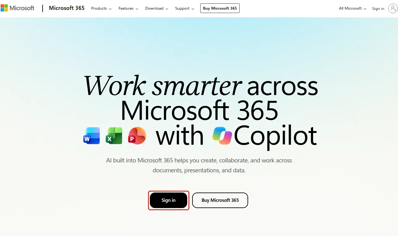 Microsoft 365 page with the Sign in button highlighted