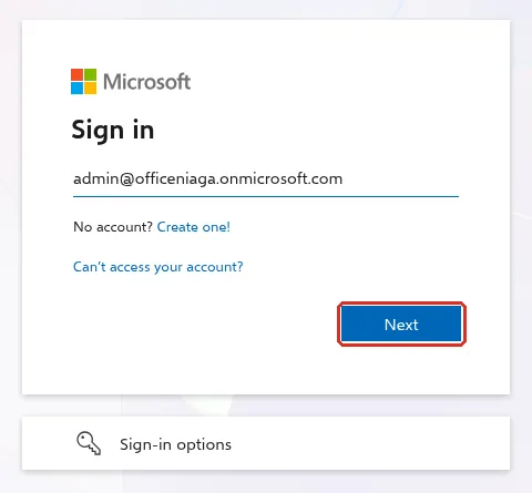 Microsoft Sign in box with a work email address typed and the Next button highlighted