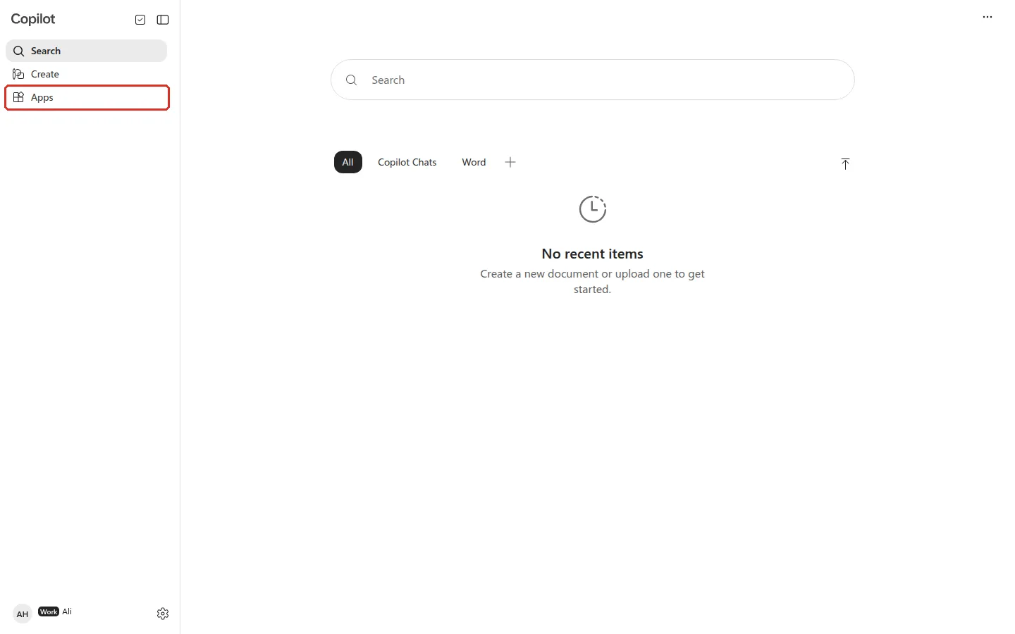 Microsoft Copilot home page with Apps highlighted in the left menu