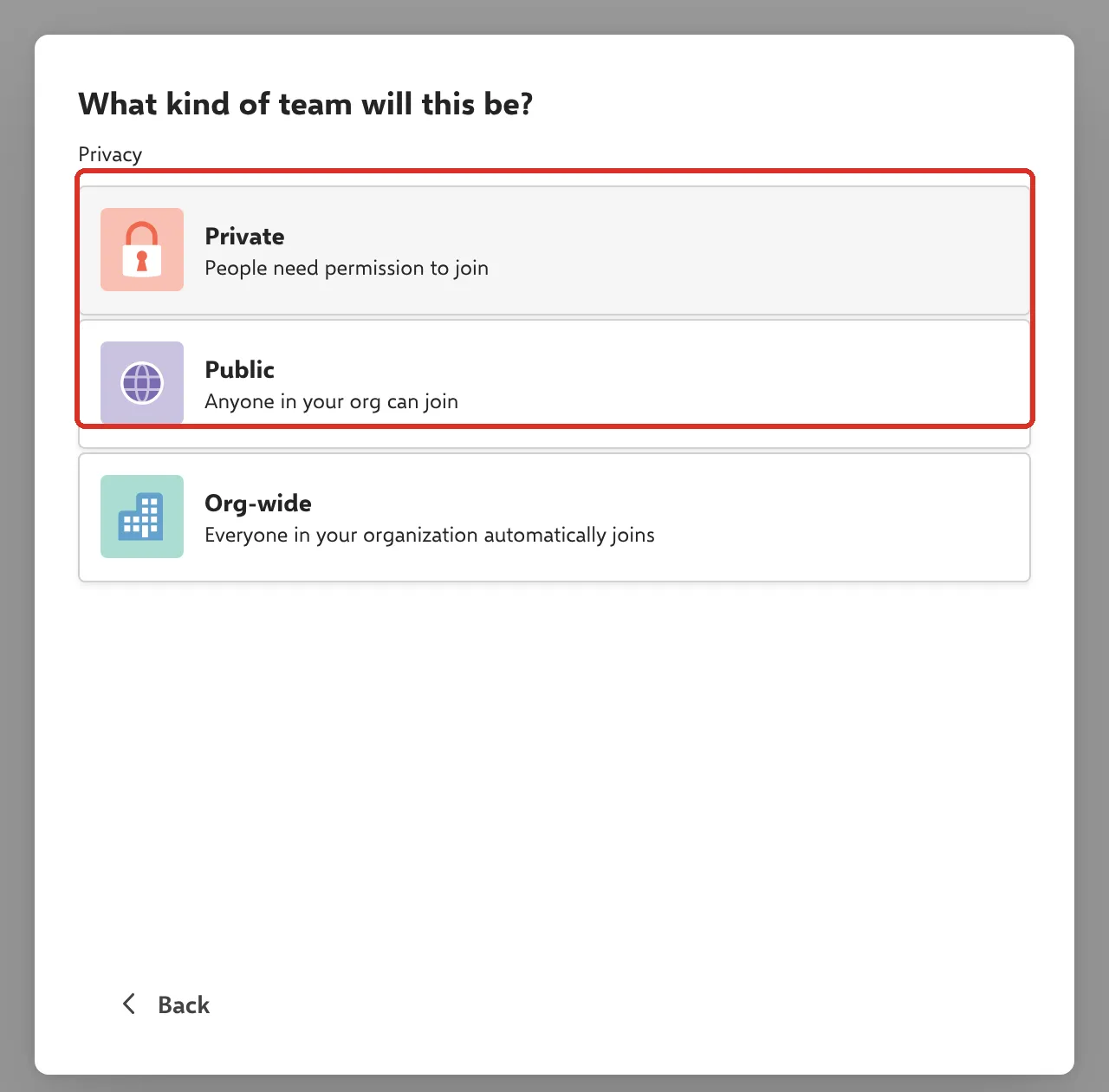 Team type列表，显示Private、Public和Org-wide