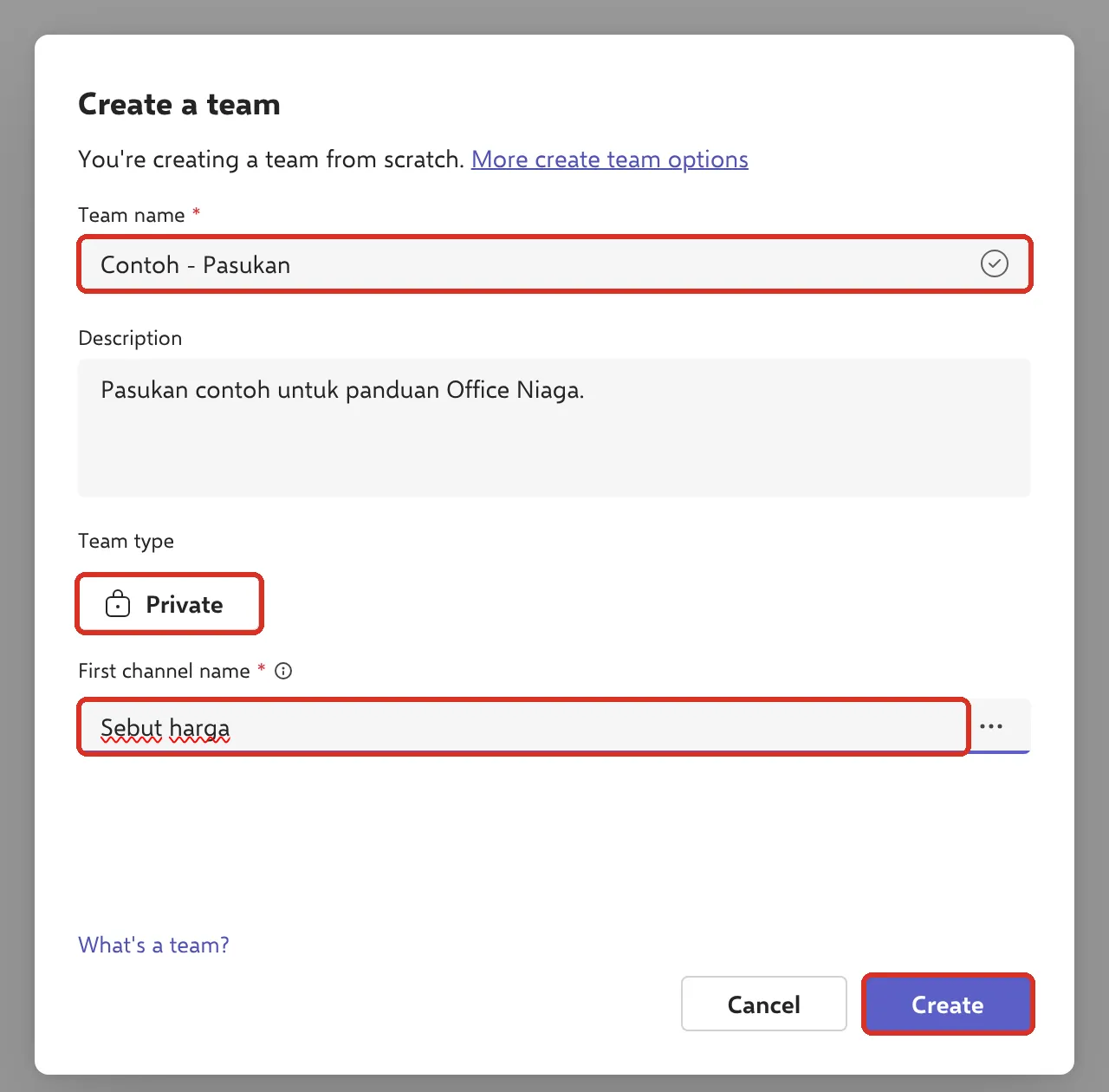 Create a team，团队名称、团队类型、第一个频道名称和Create已标示