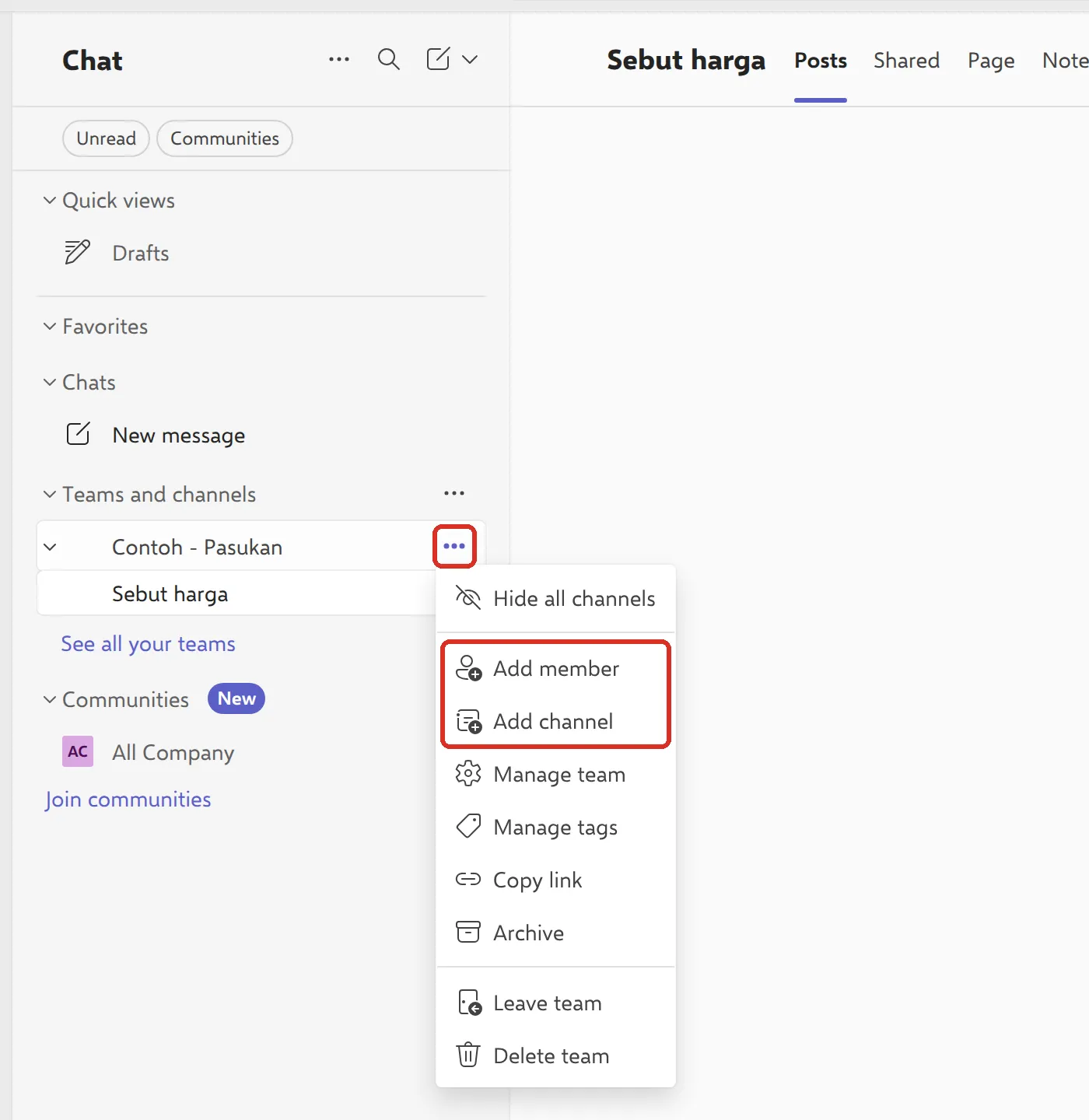 团队选项菜单，Add member和Add channel已标示