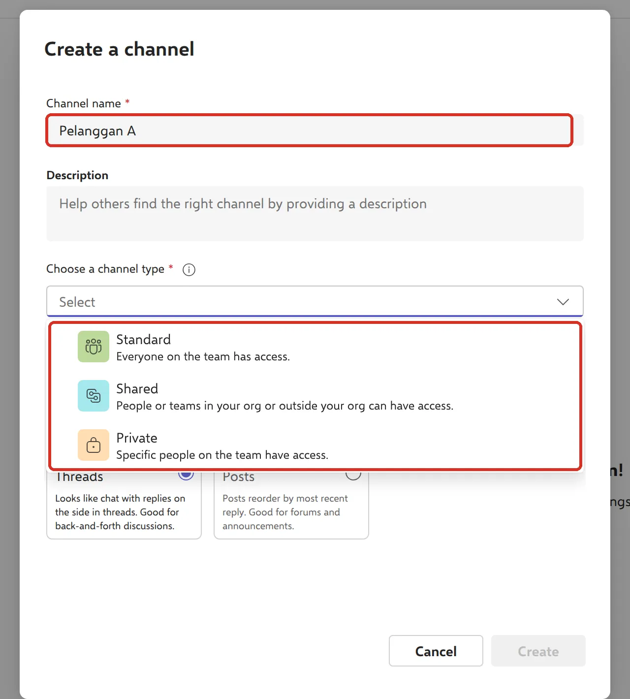 Create a channel，频道名称和频道类型列表已标示