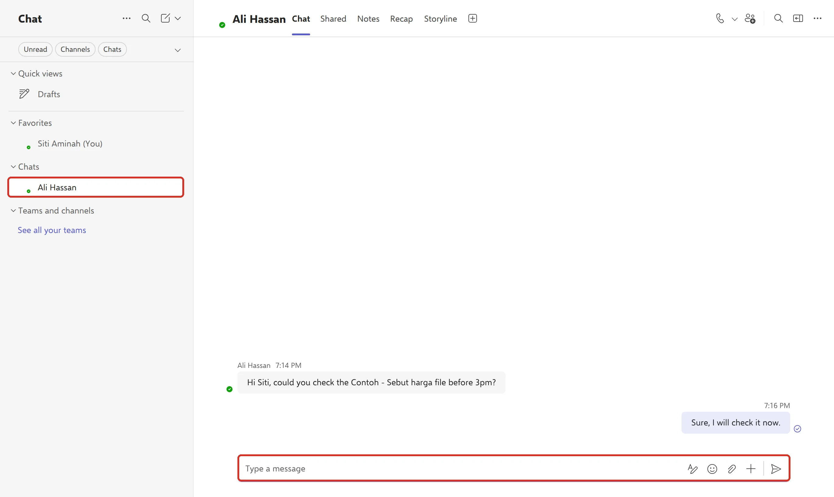 对方那边的Teams，Ali Hassan发来的聊天和Type a message输入框已标示