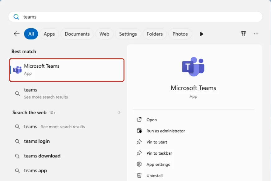 Windows Start菜单搜索teams，Microsoft Teams已标示