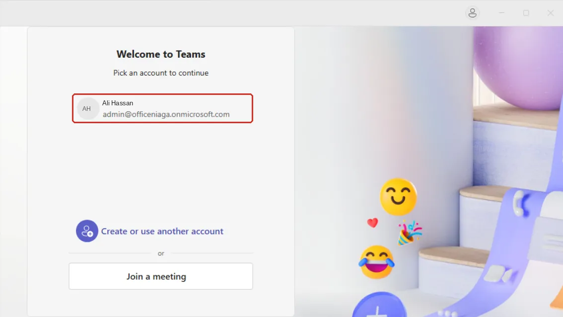 Welcome to Teams页面，Pick an account to continue下的工作账号已标示