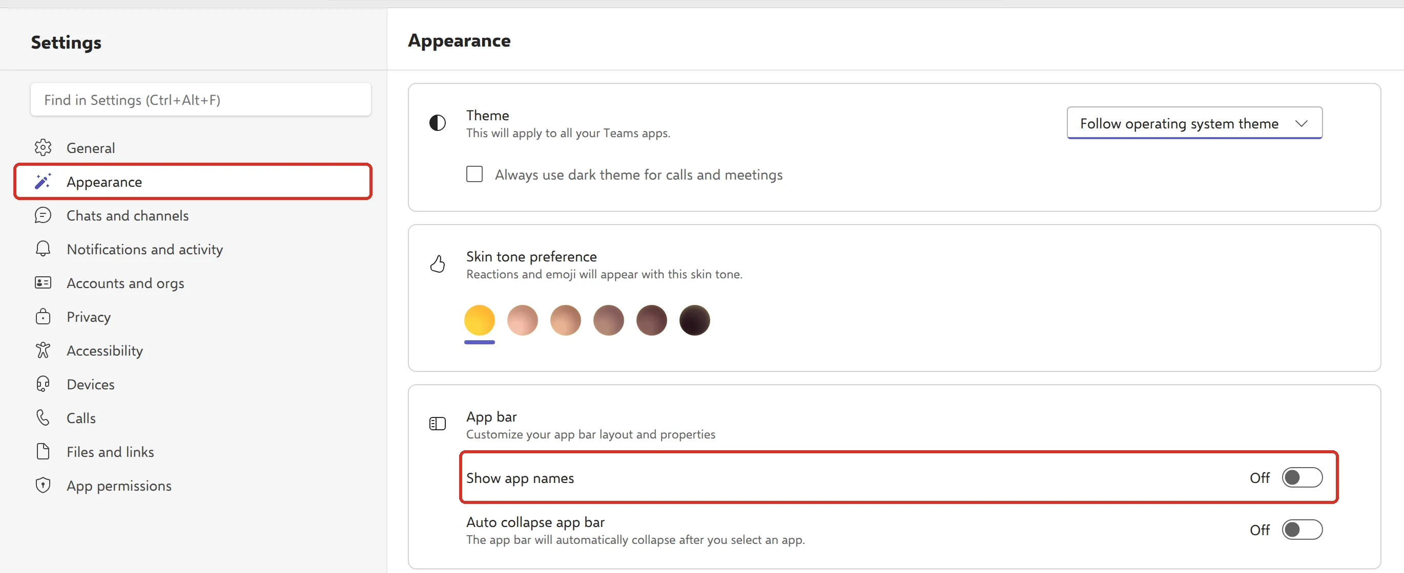 Teams设置的Appearance页面，Show app names开关已标示