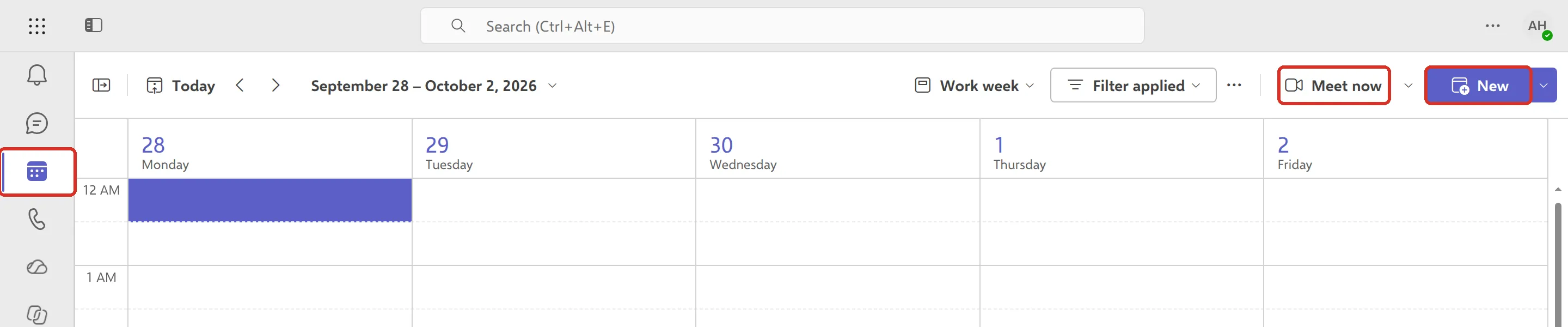 Teams日历，Calendar、Meet now和New已标示
