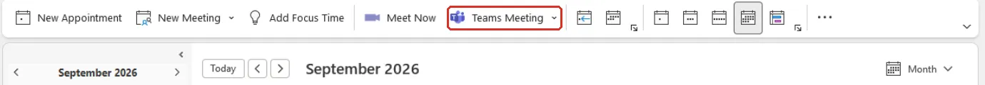 经典版Outlook的日历工具栏，Teams Meeting按钮已标示