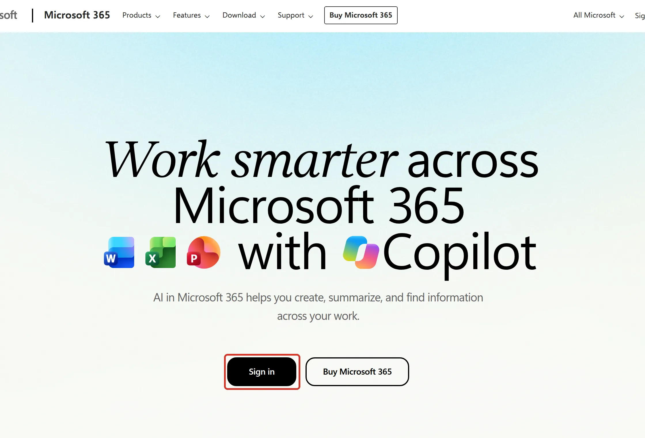 Microsoft 365 sign-in page with the Sign in button highlighted