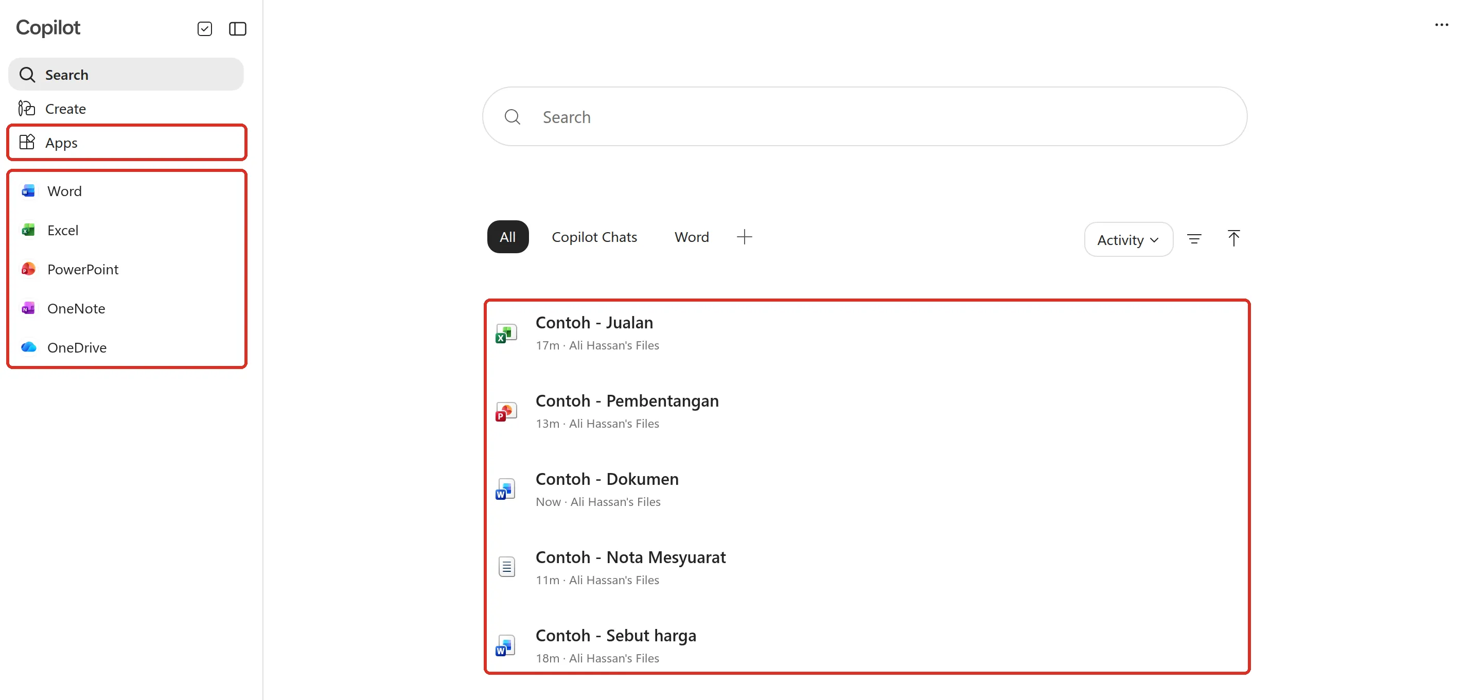 Microsoft 365 web home with Apps, the pinned apps and the list of recent files highlighted