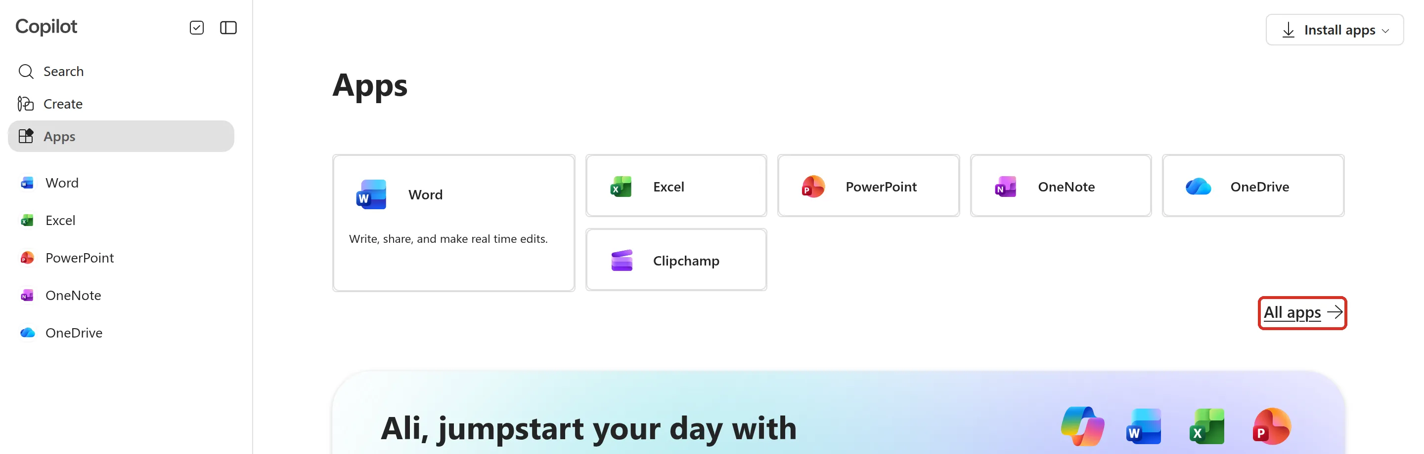 Apps page with the All apps link highlighted