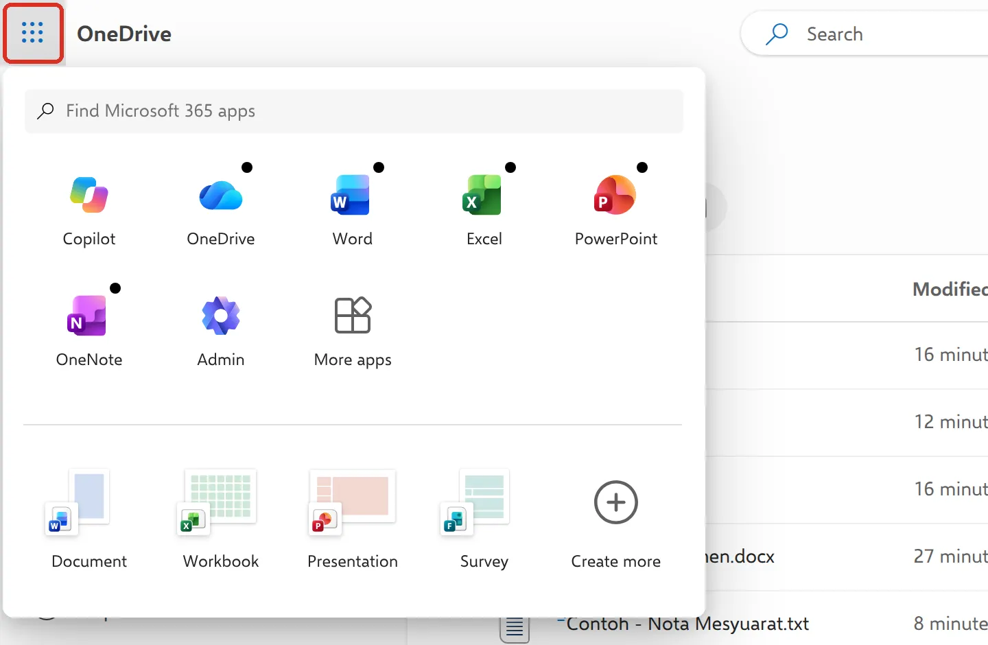 OneDrive with the app launcher open, showing Copilot, OneDrive, Word, Excel, PowerPoint, OneNote and More apps