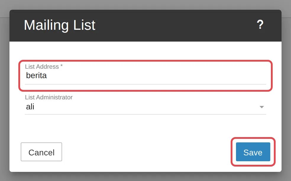 Borang Mailing List dengan List Address dan butang Save