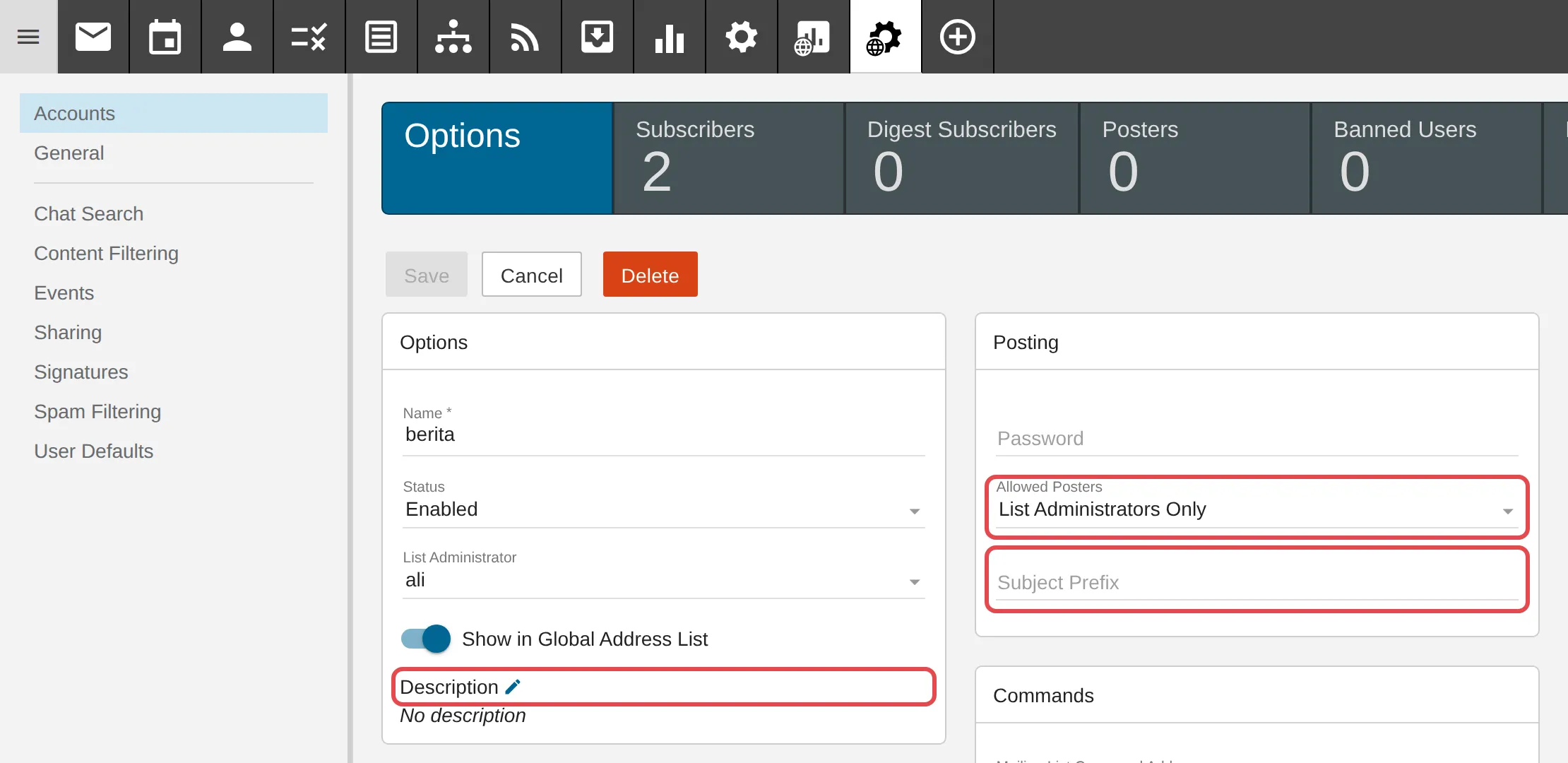 Tab Options dengan Description, Allowed Posters dan Subject Prefix