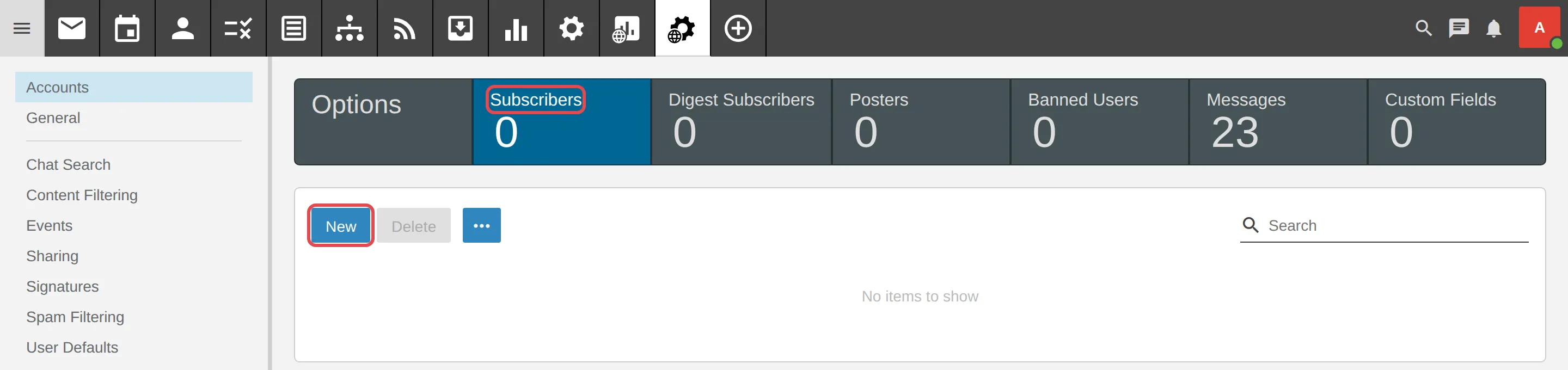 Kotak Subscribers dan butang New