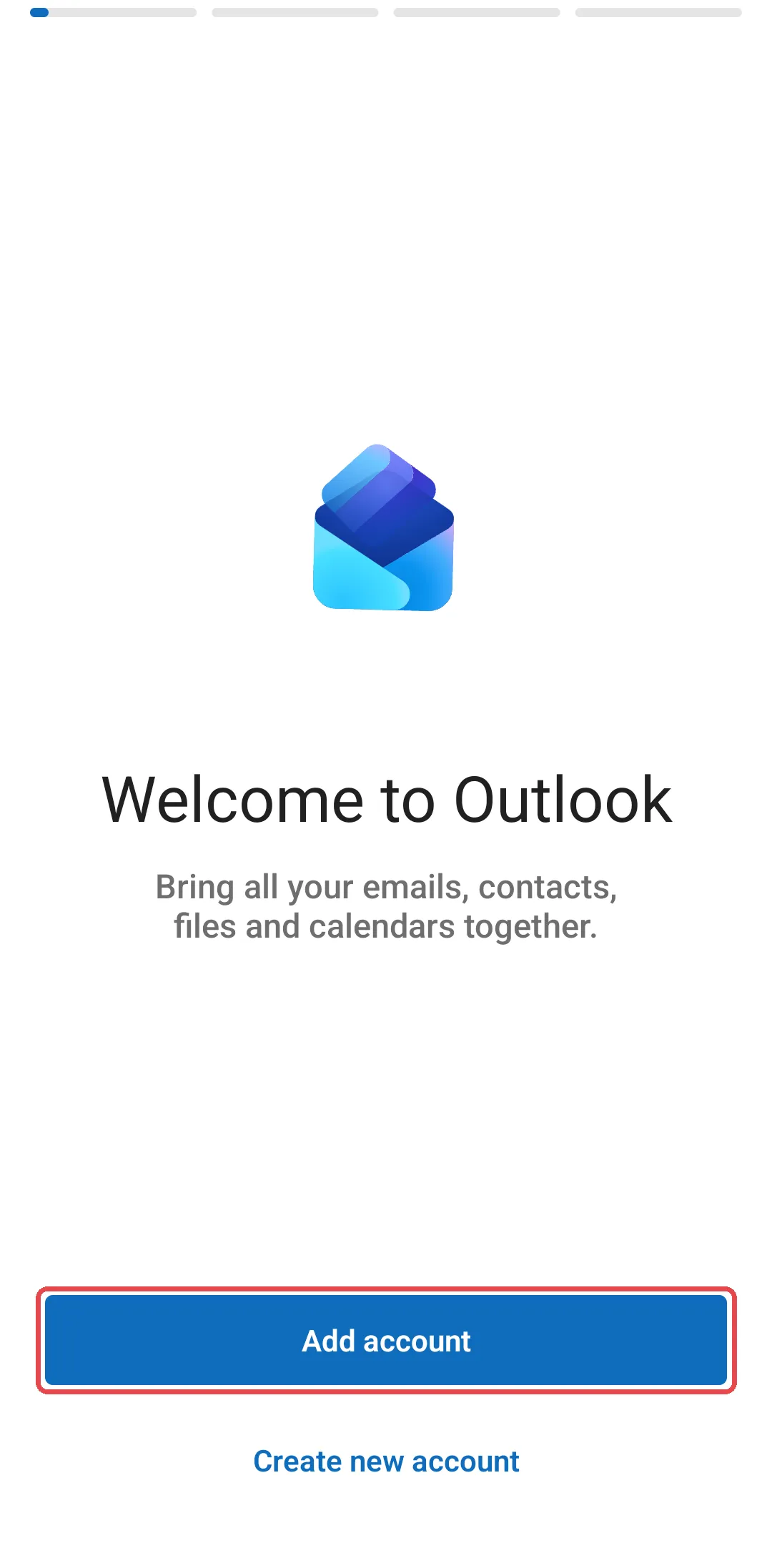 Skrin Welcome to Outlook dengan butang Add account