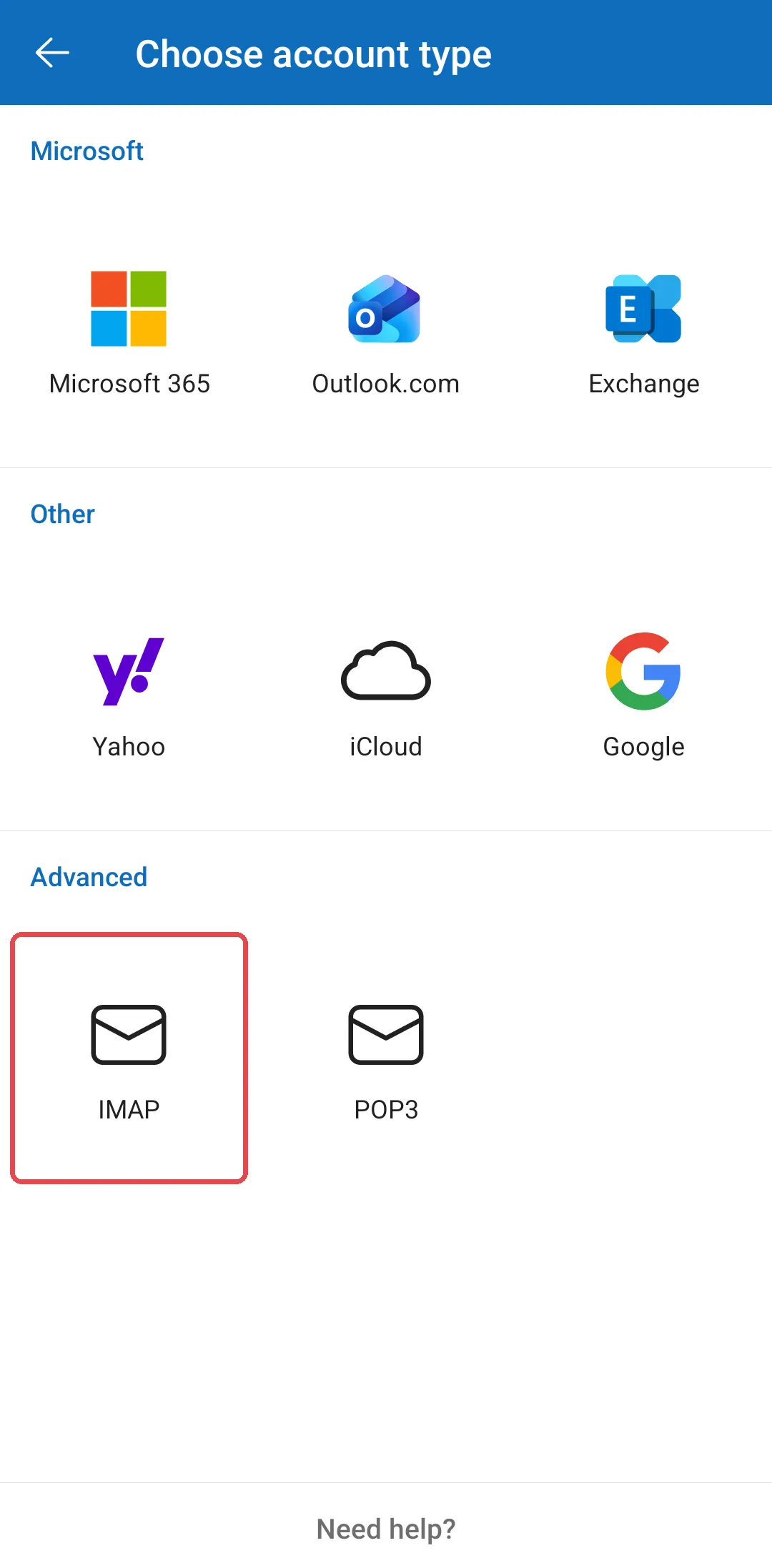 Skrin Choose account type dengan pilihan IMAP di bawah Advanced