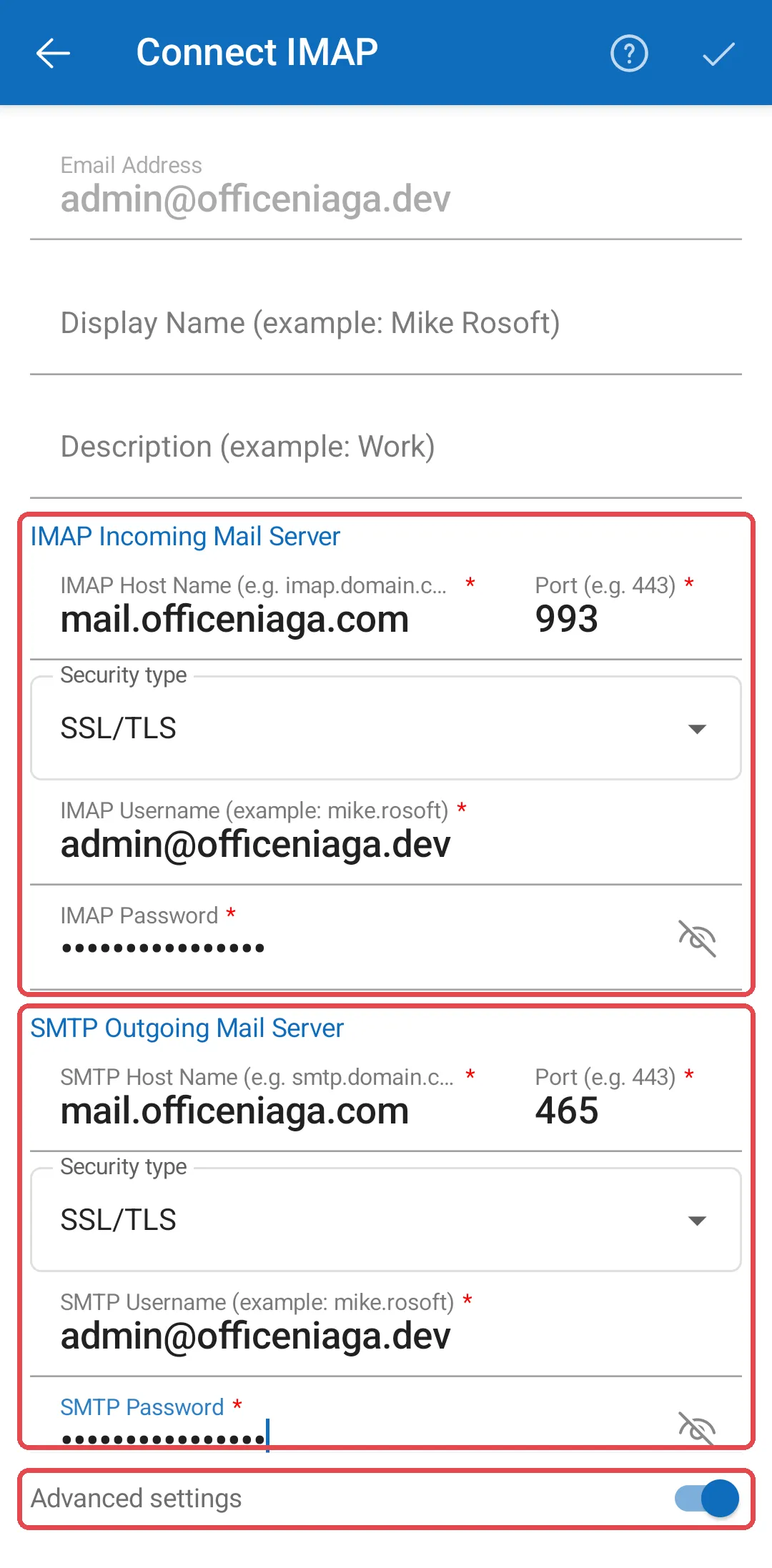 Skrin Connect IMAP dengan tetapan server IMAP dan SMTP diisi serta Advanced settings di-on-kan
