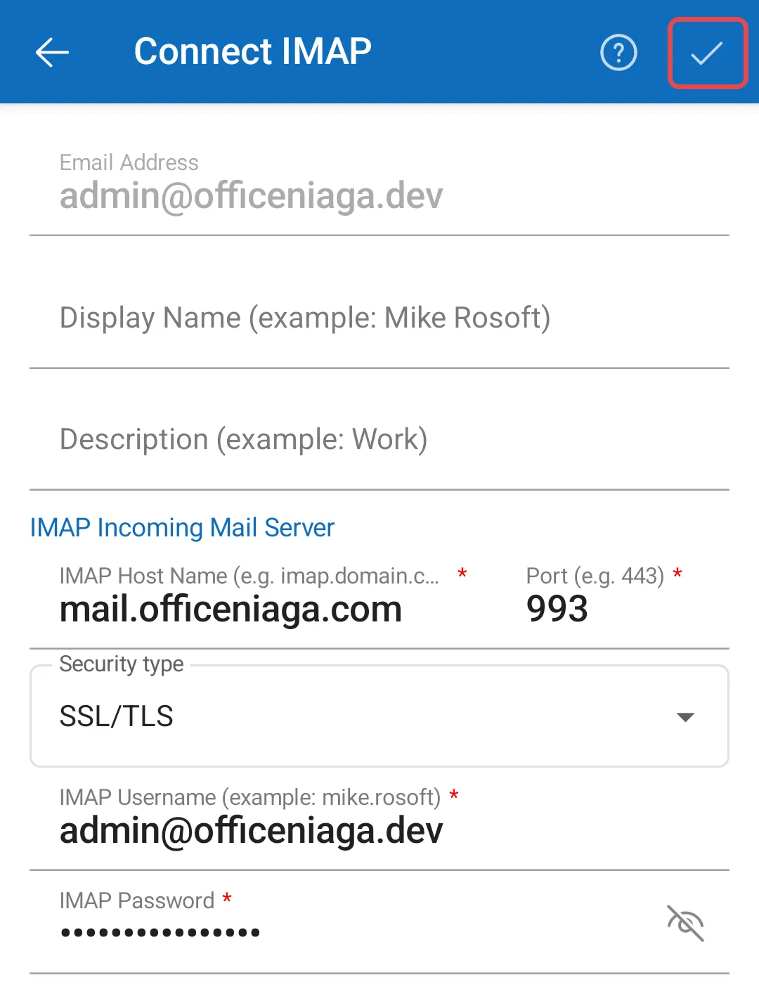 Tanda simpan di bahagian atas kanan skrin Connect IMAP