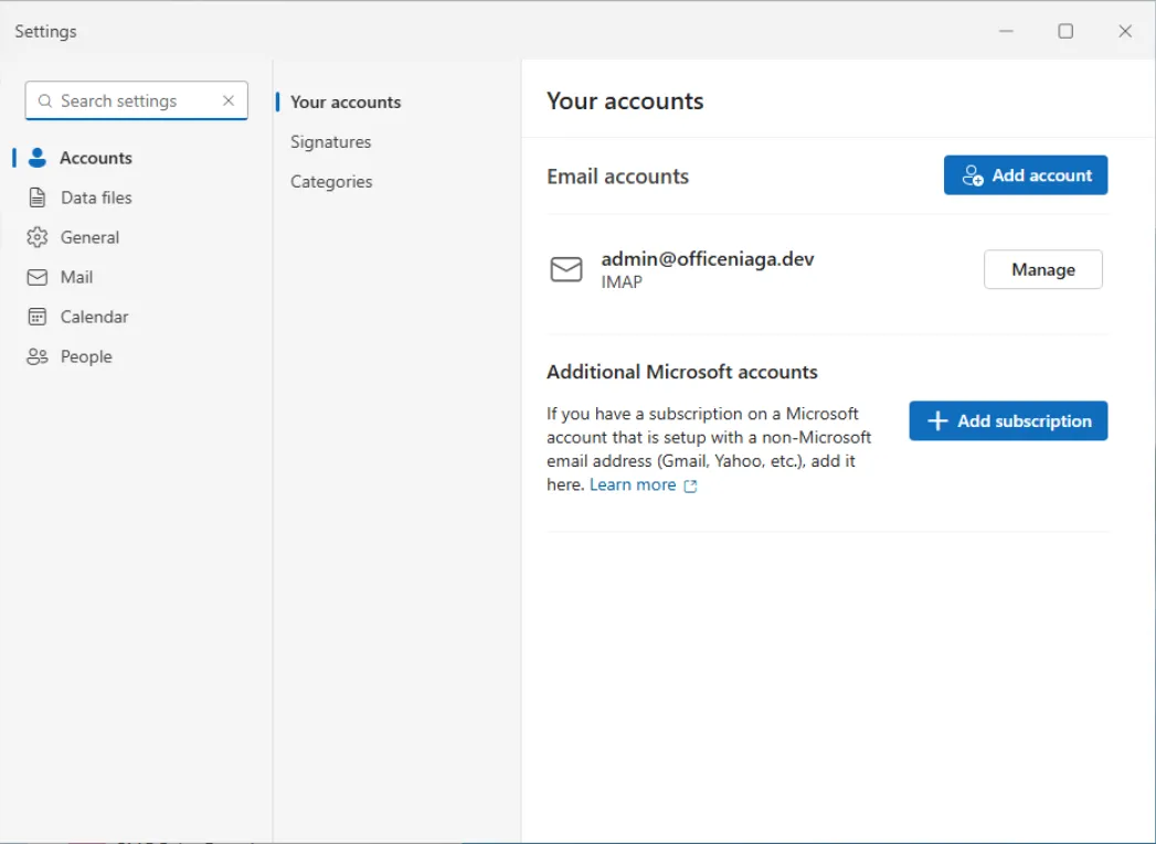 Settings dan Accounts dalam Outlook baru