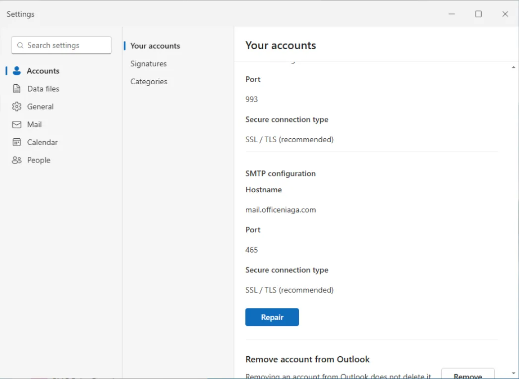 Butiran akaun IMAP dan SMTP