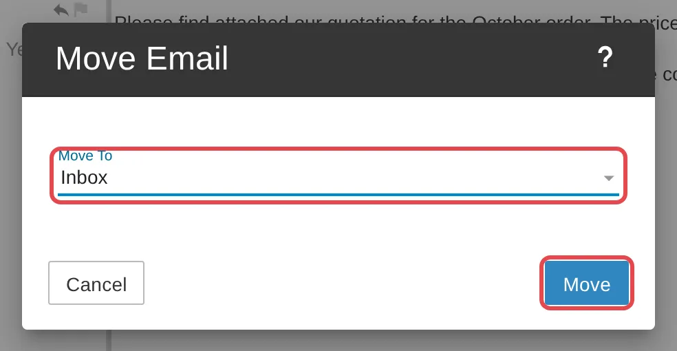 已选择Inbox的Move Email窗口