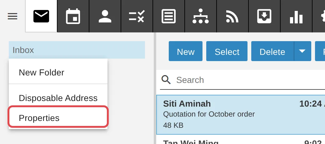 Klik kanan pada Inbox, Properties