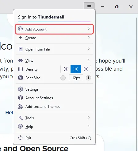 Menu Thunderbird dengan Add Account