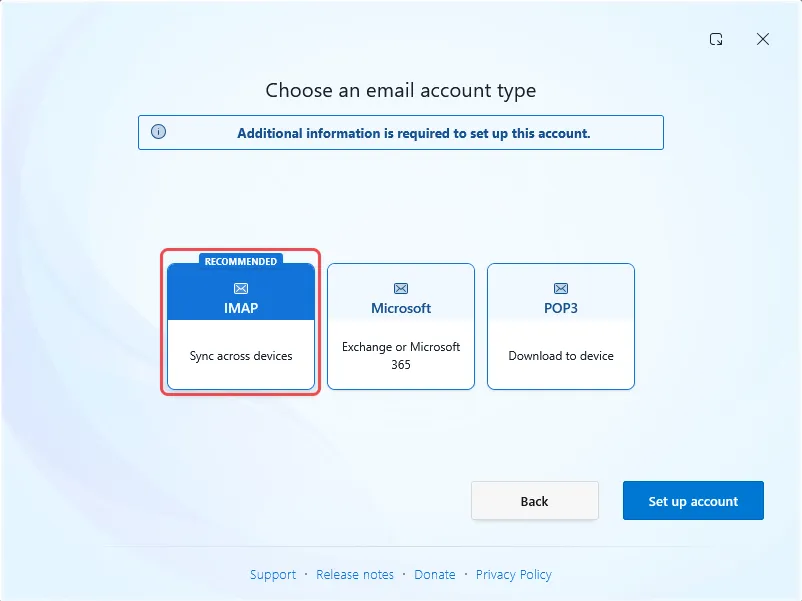 Skrin jenis akaun dengan IMAP dipilih