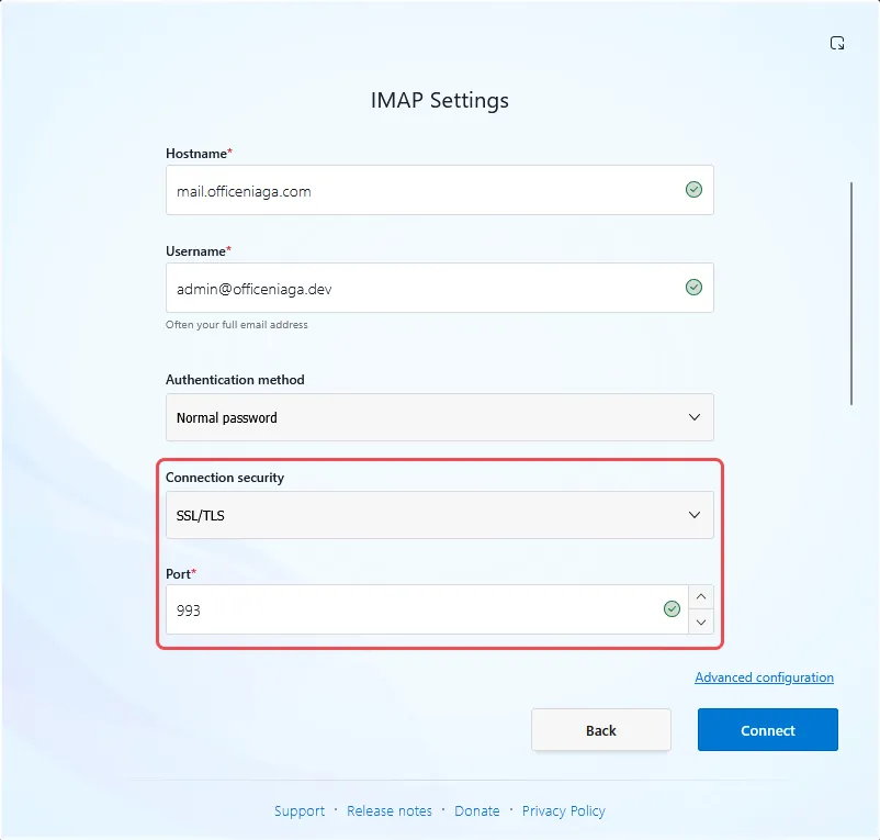 Tetapan incoming server: SSL/TLS dengan port 993