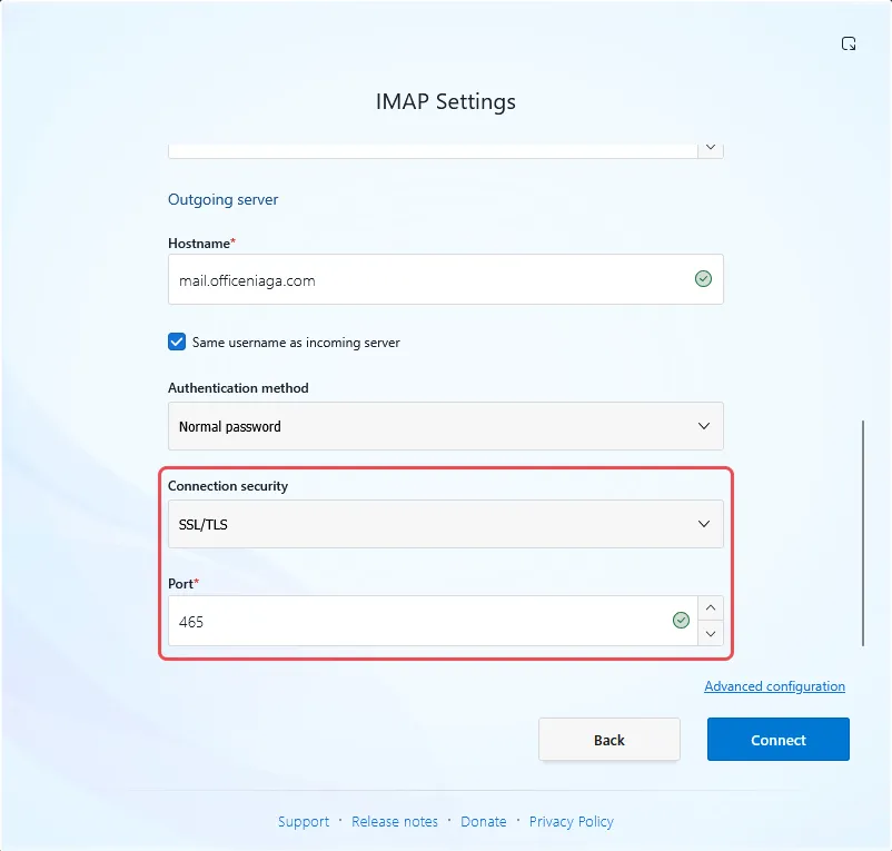Tetapan outgoing server: SSL/TLS dengan port 465