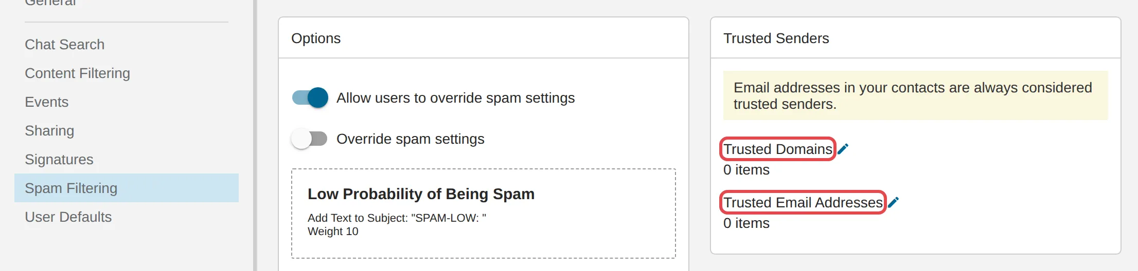 Domain Settings的Spam Filtering页面，Trusted Senders卡片