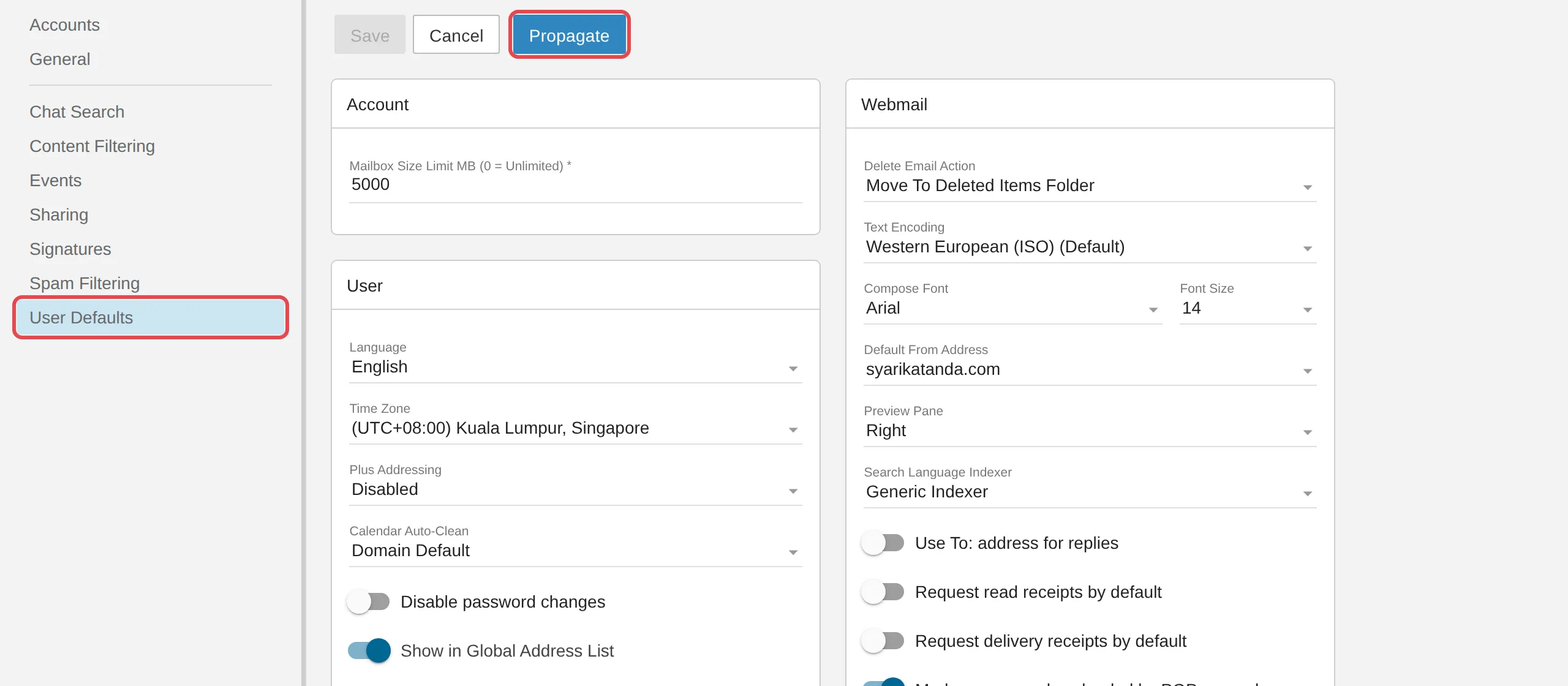 Domain Settings里的User Defaults页面和Propagate
