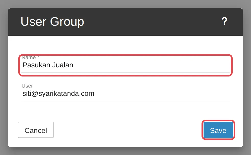Borang User Group dengan Name dan butang Save