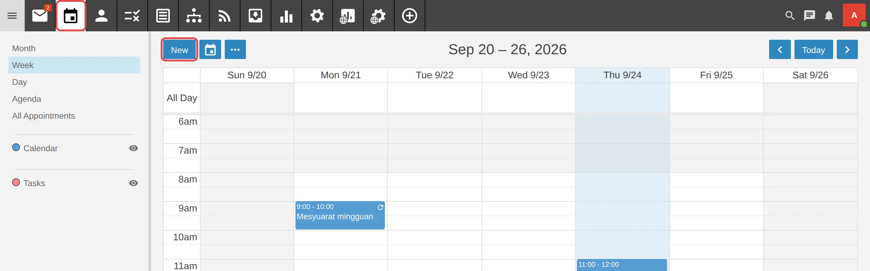 Calendar icon and the New button