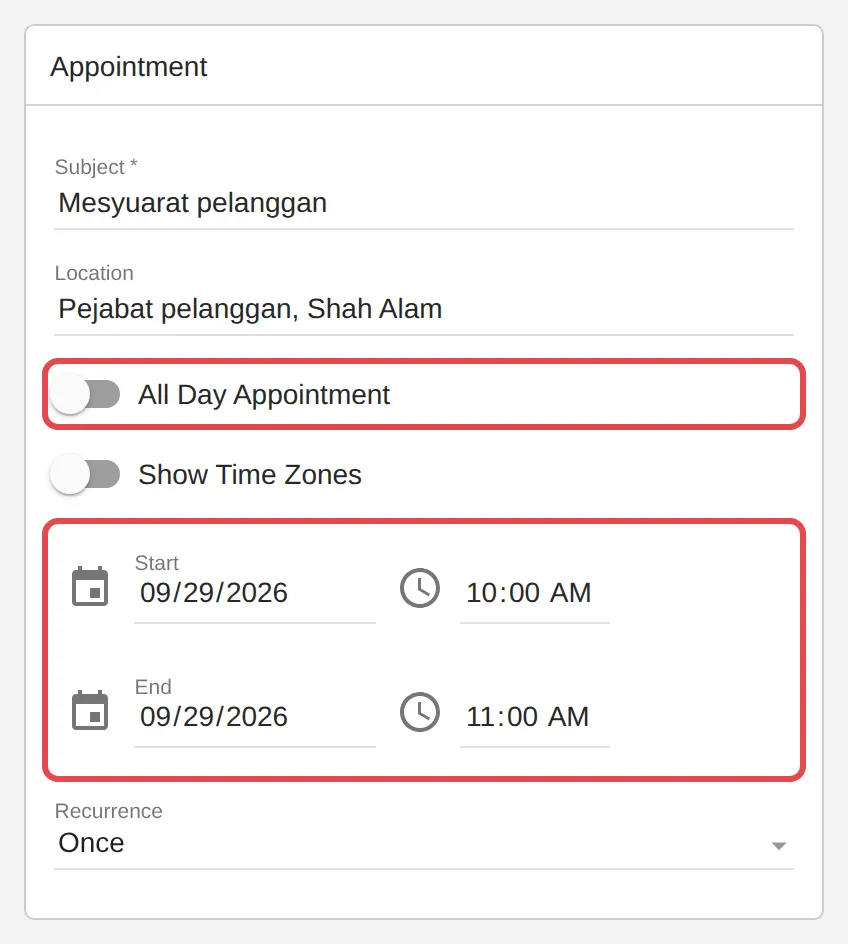 All Day Appointment, Start and End